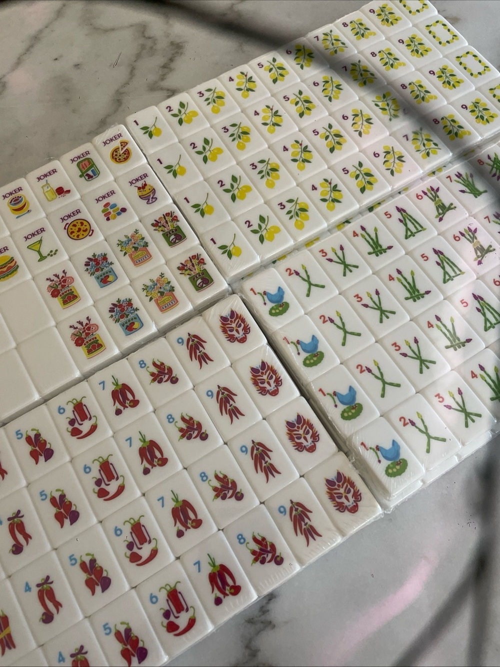 Mahjong Tile Set - Floral & Pictorial Design - White